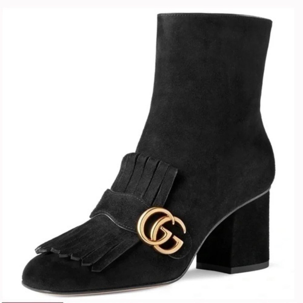 GUCCI GG Marmont Black Suede Fringe Ankle Mid Heel Booties Size 37